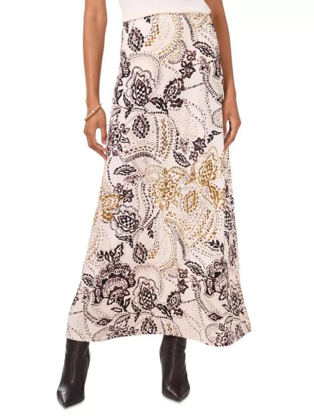 Vince Camuto NWT Size XSWomen's Floral-Print Pull-On Maxi Skirt Cream Brown